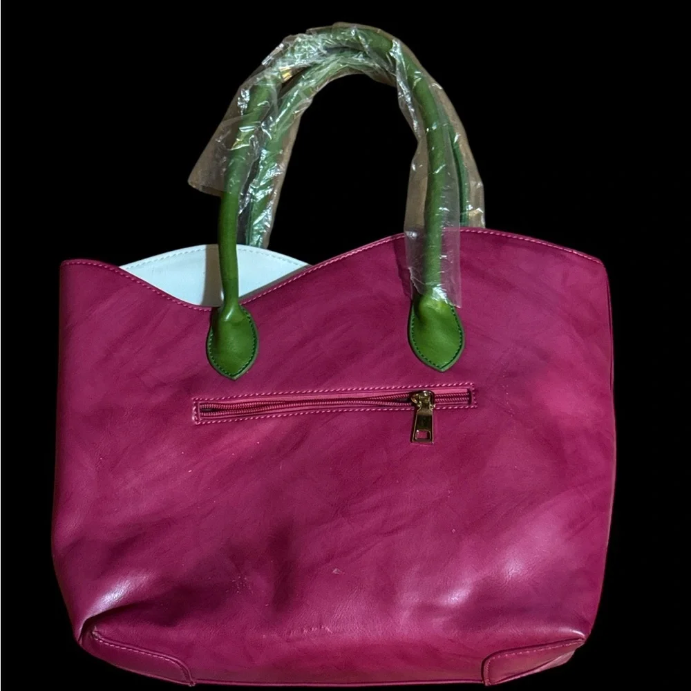 BNWT Vegan Leather Large Pink White Flower Kentucky Derby Bag - Picture 3 of 5